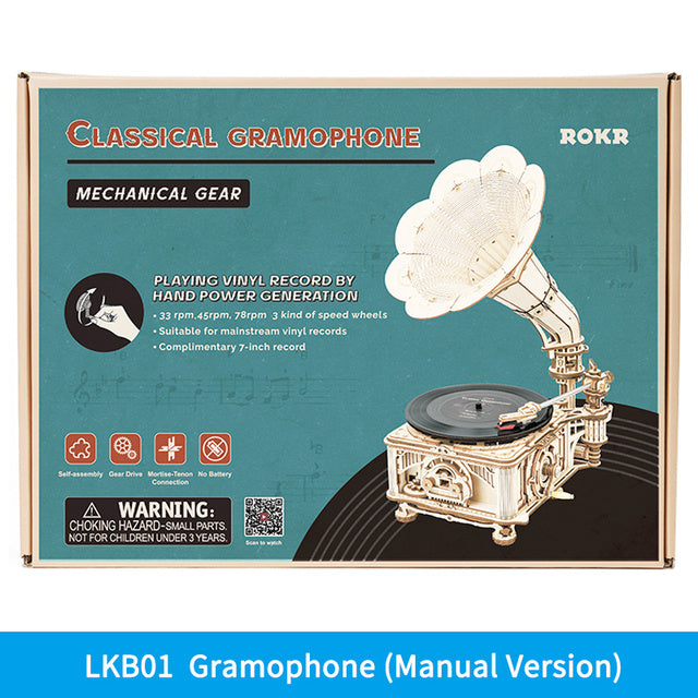 "Robotime ROKR DIY Handkurbel Klassischer Grammophon Holzpuzzle - Montagespielzeug